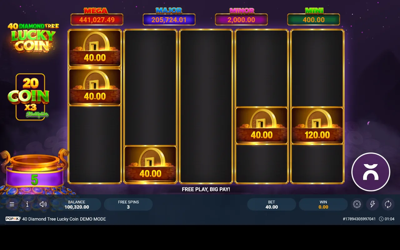 Cinco moedas travadas na grade 5x4 no início dos respins do Lucky Coin, com três respins no contador