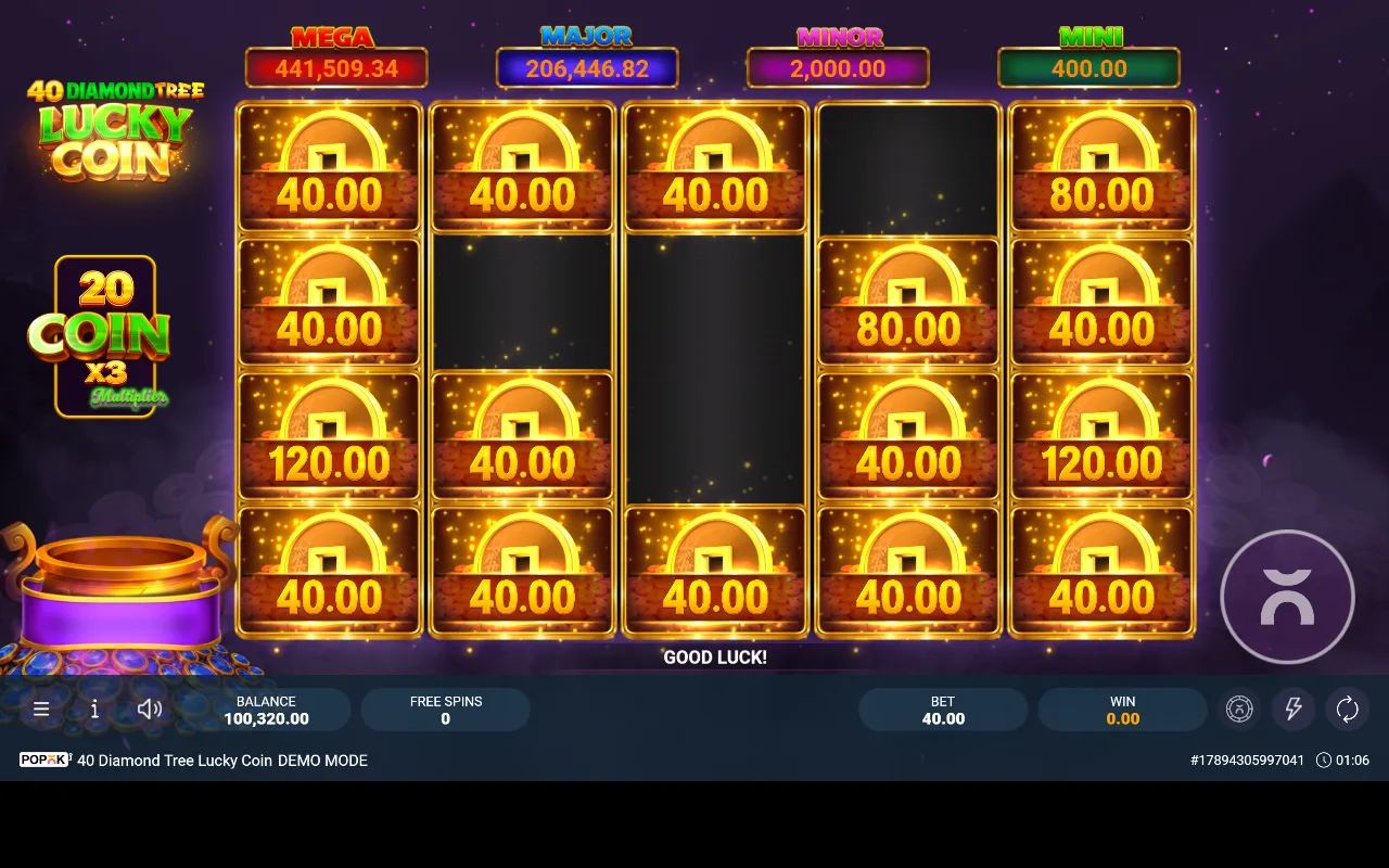 Fim de uma rodada Lucky Coin com dezesseis moedas travadas e quatro casas vazias na grade