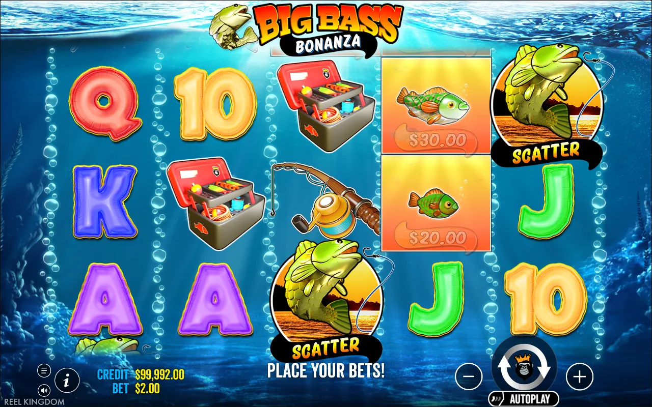 Jogo base do Big Bass Bonanza com dois scatters e dois peixes com valor em dinheiro na grade 5x3
