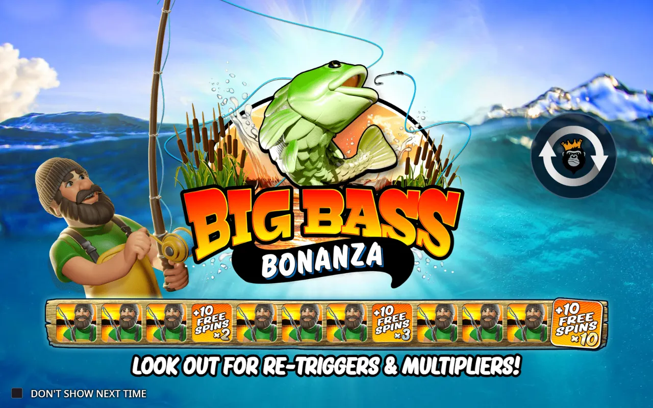 Tela de abertura do Big Bass Bonanza com a trilha de pescadores e os degraus +10 giros x2, x3 e x10
