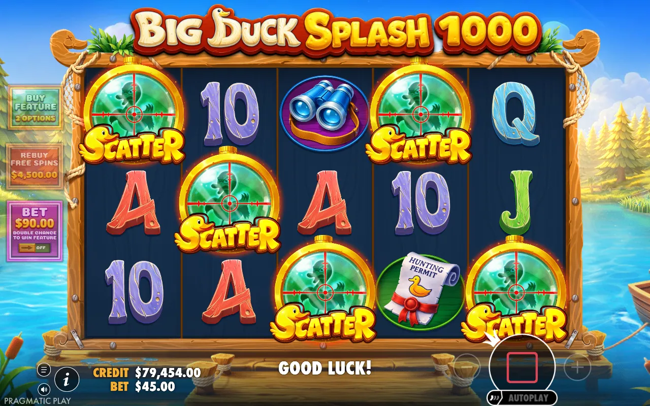 Cinco scatters na grade do Big Duck Splash 1000 abrindo os giros grátis comprados