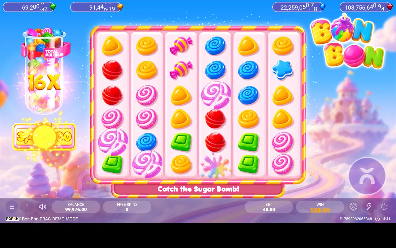 Fim dos giros grátis do Bon Bon PRAG com o pote de multiplicador em 16X e a marca da Sugar Bomb na grade