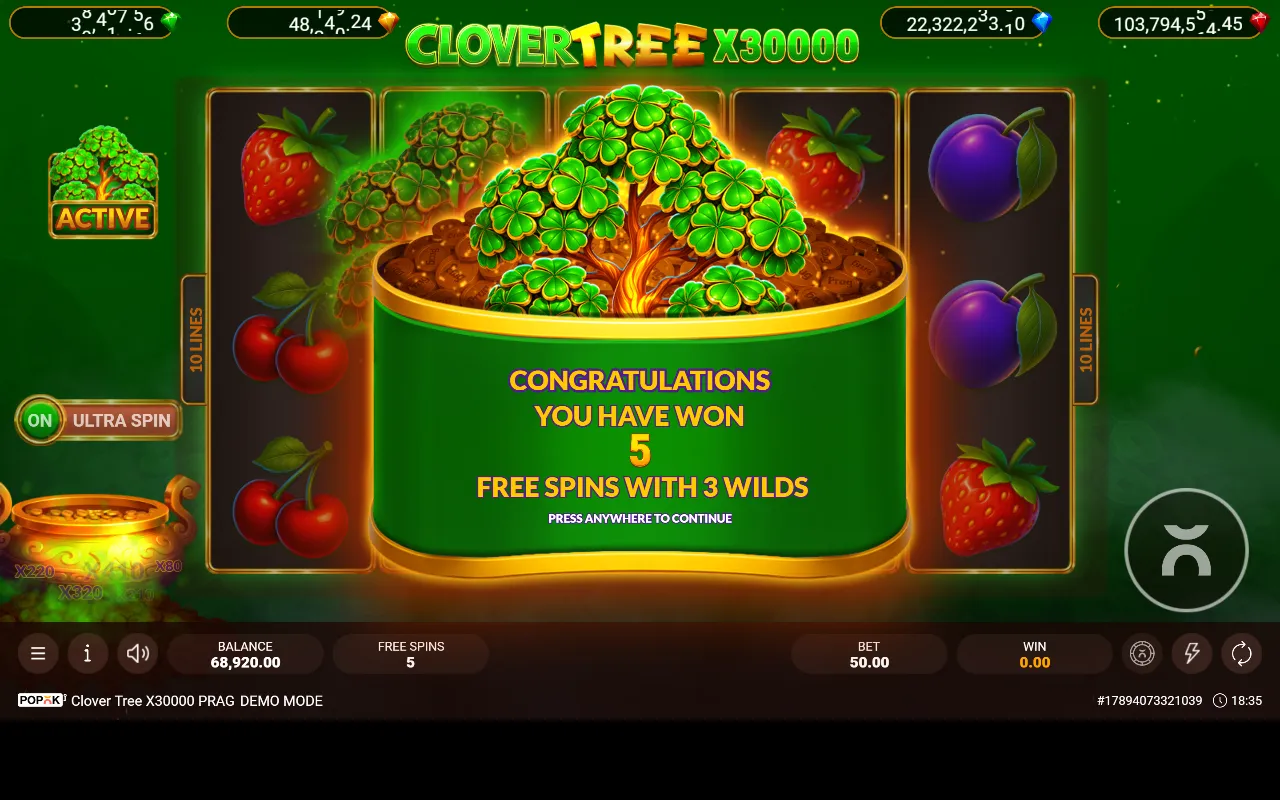 Tela do Clover Tree x30000 PRAG anunciando cinco giros grátis com três colunas curinga após a compra mais cara
