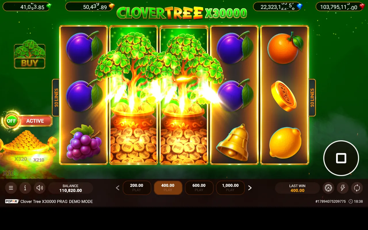 Ultra Spin ativo no Clover Tree x30000 PRAG com a barra de apostas redesenhada em preços de 20x e dois trevos se expandindo
