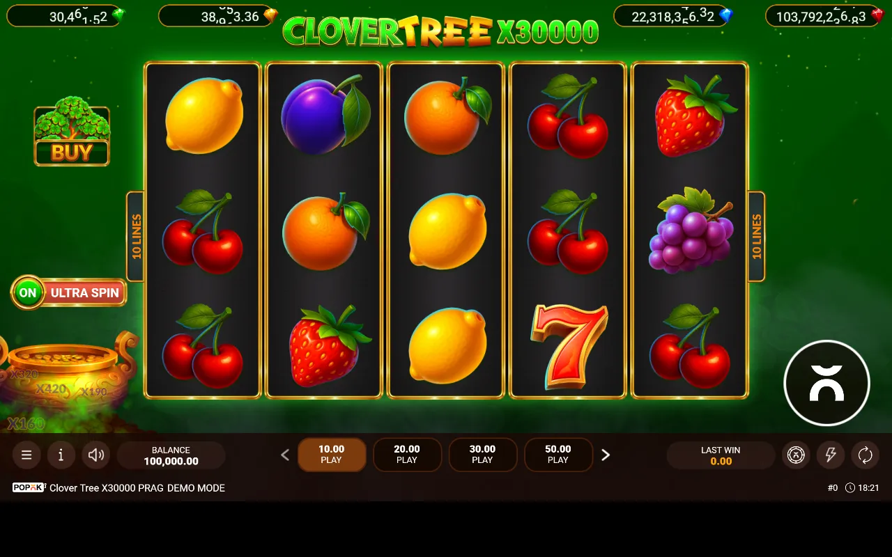 Grade 5x3 de frutas do Clover Tree x30000 PRAG com quatro contadores de jackpot no topo e o botão Buy ao lado