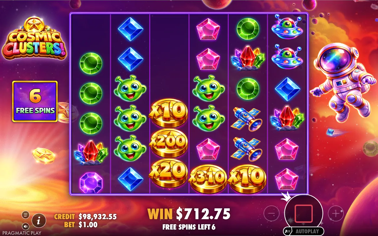 Giros grátis do Cosmic Clusters na compra mais cara, com moedas de ouro acumuladas no fundo da grade