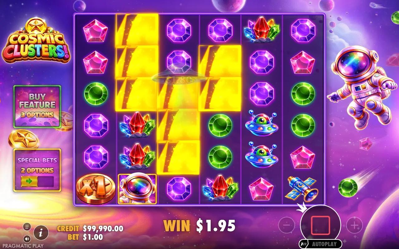 Jogo base do Cosmic Clusters com uma cascata em andamento e uma moeda de bronze sozinha no canto da grade