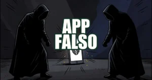 Dois golpistas encapuzados ao lado de um celular com mascara rachada