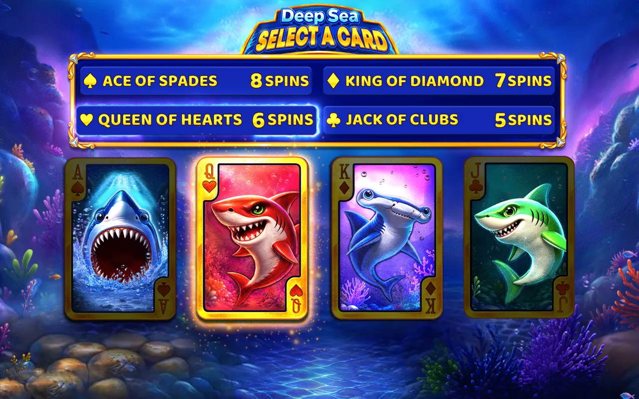 Tela Select a Card do Deep Sea Frenzy com Ás de 8 giros, Rei de 7, Dama de 6 e Valete de 5, e a Dama virada