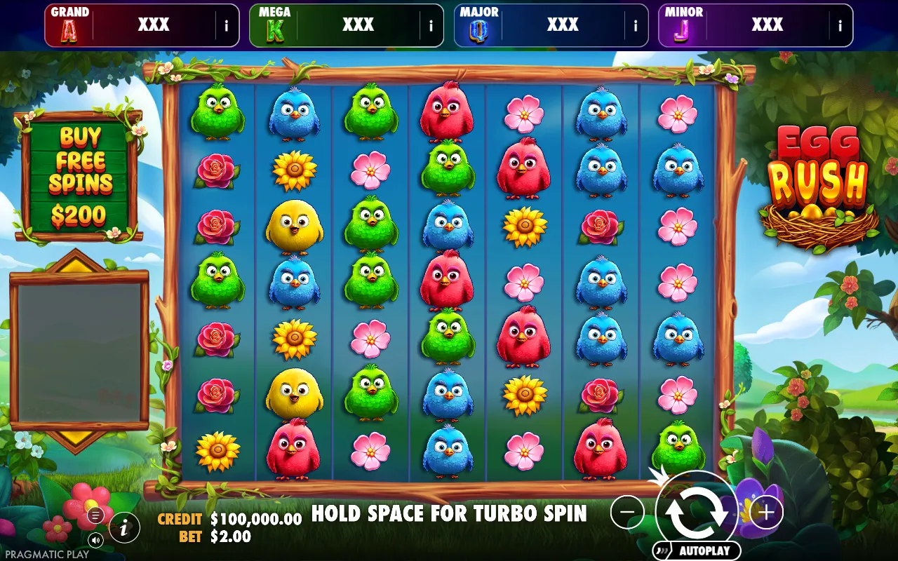 Grade 7x7 de Egg Rush Jackpot Play cheia de pássaros e flores, com a barra dos quatro jackpots no topo