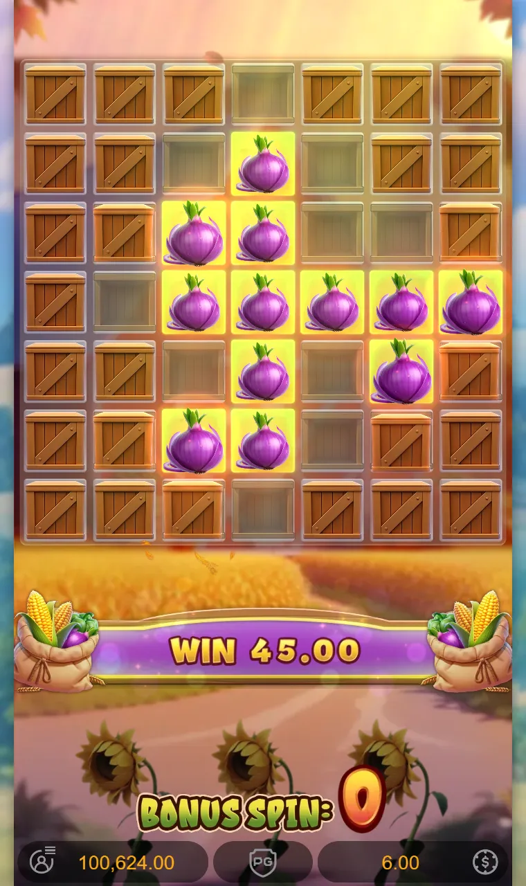 Grade 7x7 do Bonus Feature do Farmstead Fortune com o bloco central já convertido em cebolas depois de um Level-Up