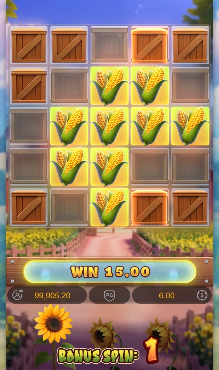 Mini Bonus do Farmstead Fortune com caixas de madeira cobrindo a grade 5x5 e um bloco de milho crescendo no centro