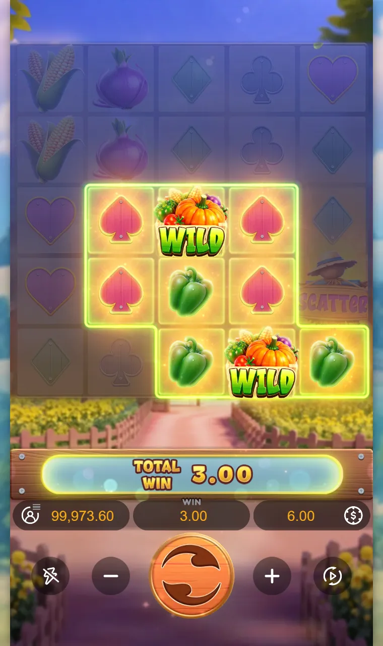Grade do Farmstead Fortune com dois wilds de abóbora ligando um bloco de espadas a outro de pimentões