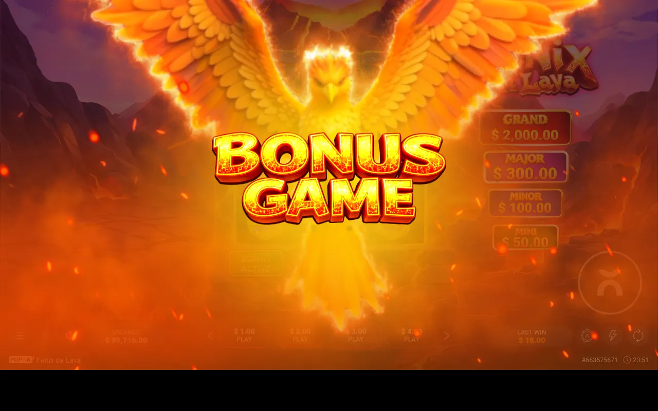 Tela de abertura do Bonus Game do Fenix da Lava com uma fênix dourada em chamas