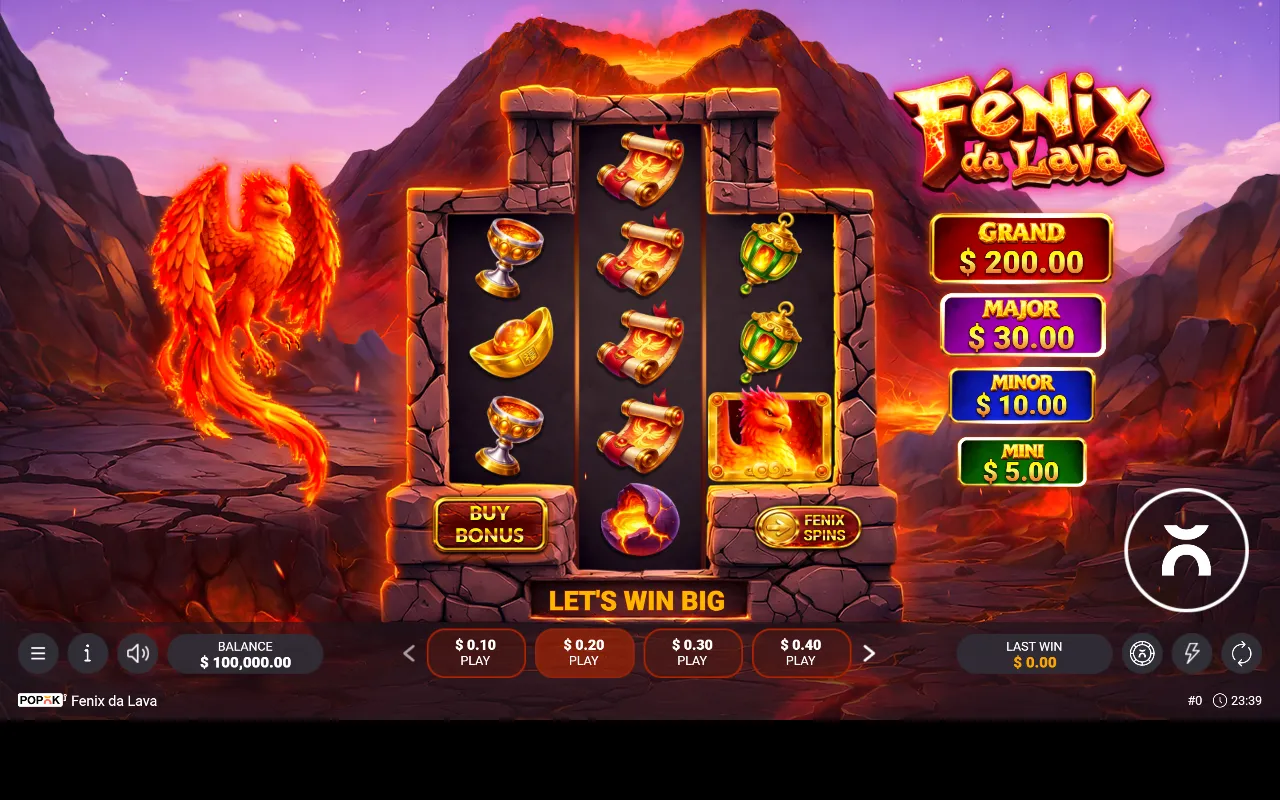 Grade 3-5-3 do Fenix da Lava entre pilares de pedra, com os quatro jackpots fixos à direita e os botões Buy Bonus e Fenix Spins
