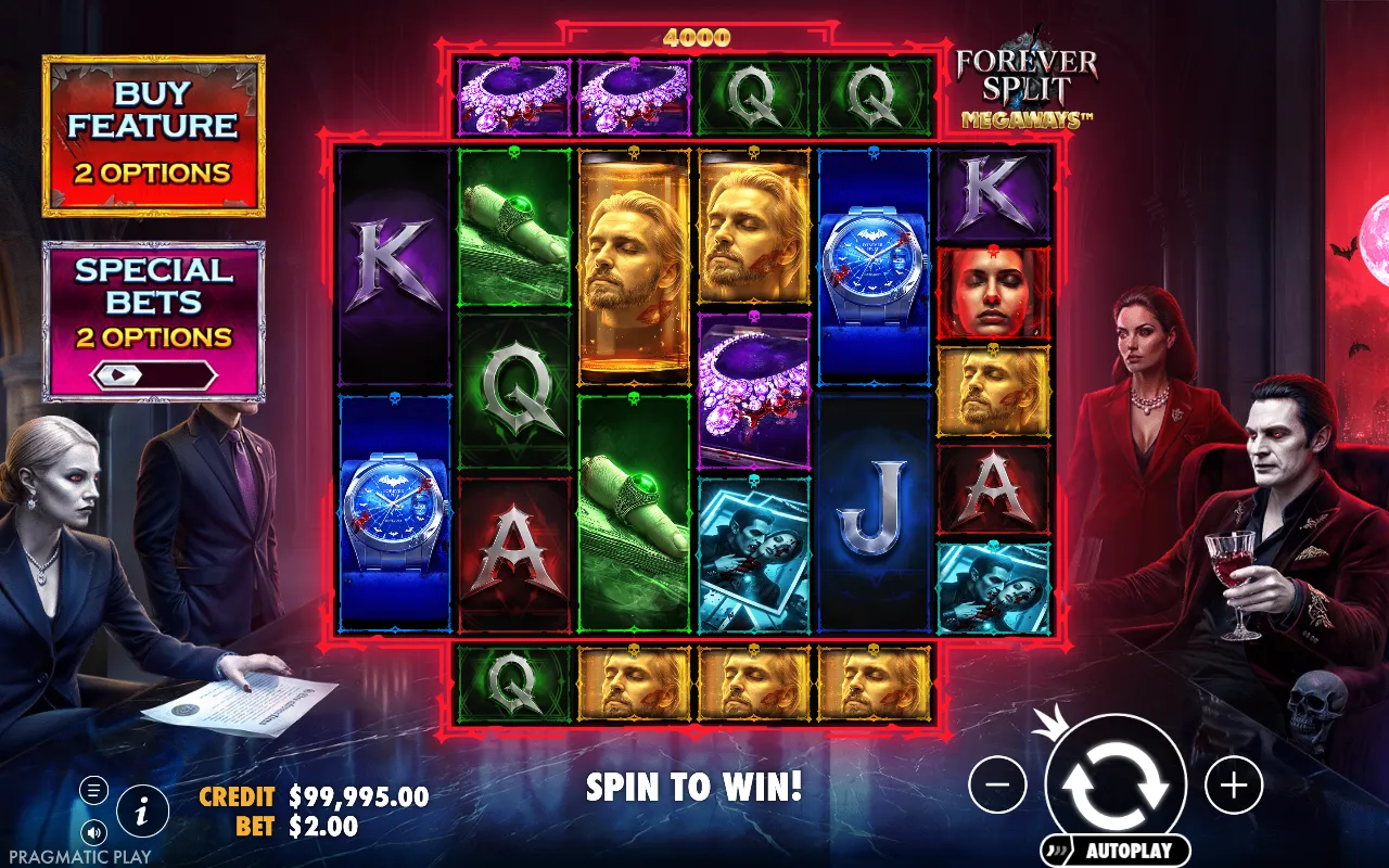 Grade de Forever Split com 4.000 maneiras e os botões Buy Feature e Special Bets à esquerda