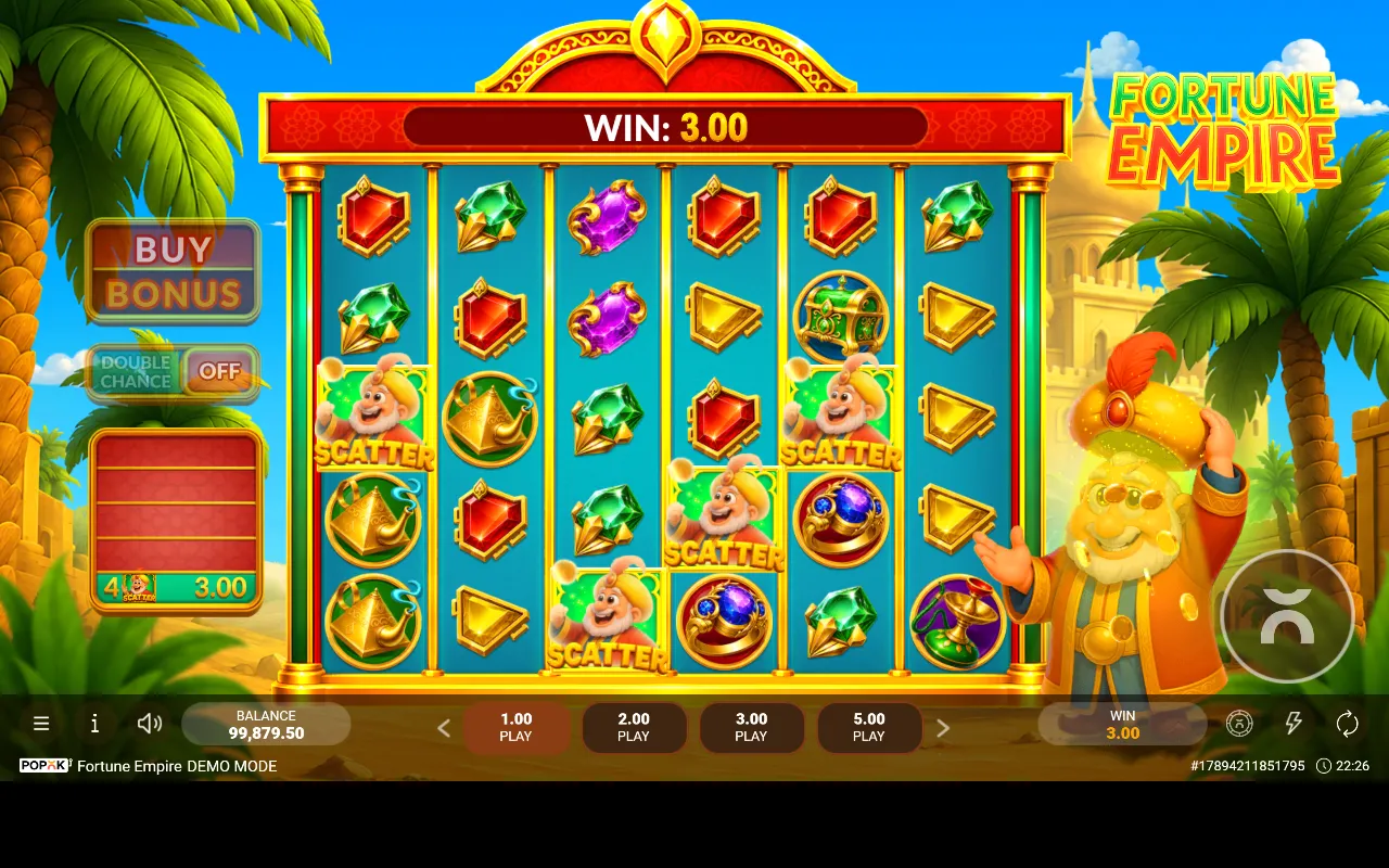 Quatro símbolos scatter espalhados pela grade do Fortune Empire abrindo os giros grátis