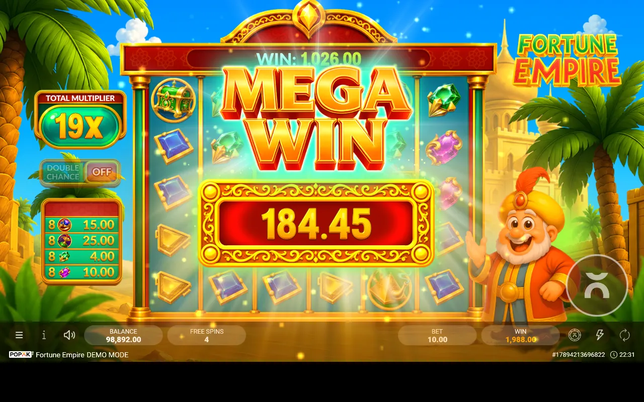 Mega Win nos giros grátis do Fortune Empire com o Total Multiplier em 19X e quatro grupos de oito peças pagando juntos
