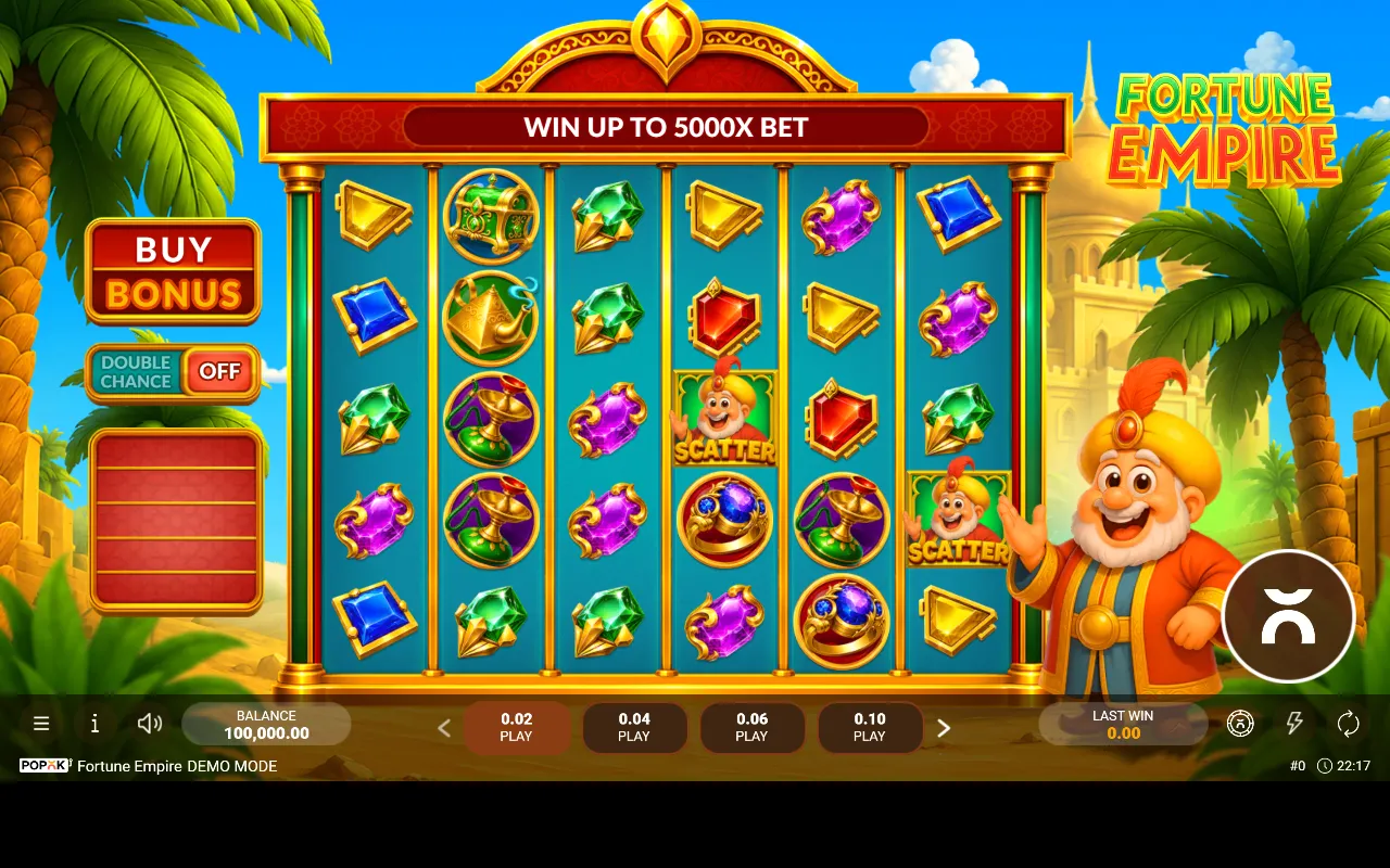 Grade 6x5 do Fortune Empire com o letreiro Win up to 5000x Bet e os botões Buy Bonus e Double Chance à esquerda