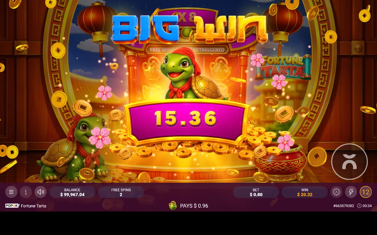 Celebração de Big Win nos giros grátis do Fortune Tarta com o multiplicador em X8