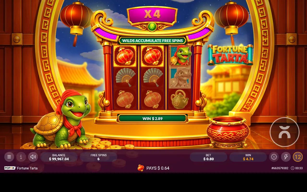 Giros grátis do Fortune Tarta com o multiplicador X4 e o letreiro Wilds Accumulate Free Spins acima da grade