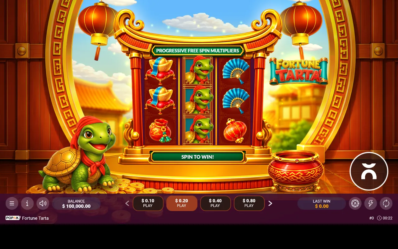 Grade 3x3 do Fortune Tarta dentro de um pavilhão dourado, com três wilds de tartaruga no cilindro do meio