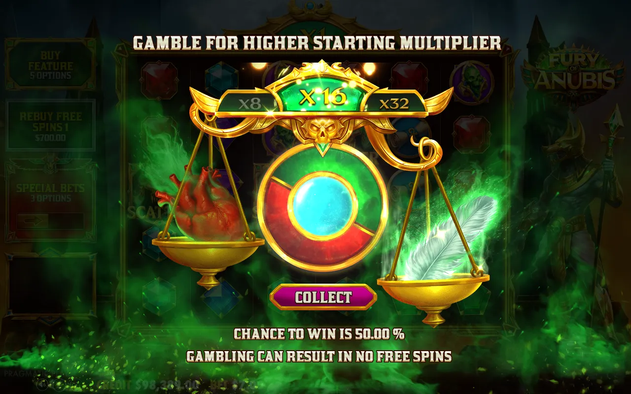 Tela Gamble for Higher Starting Multiplier do Fury of Anubis com a balança marcando X16 e o botão Collect