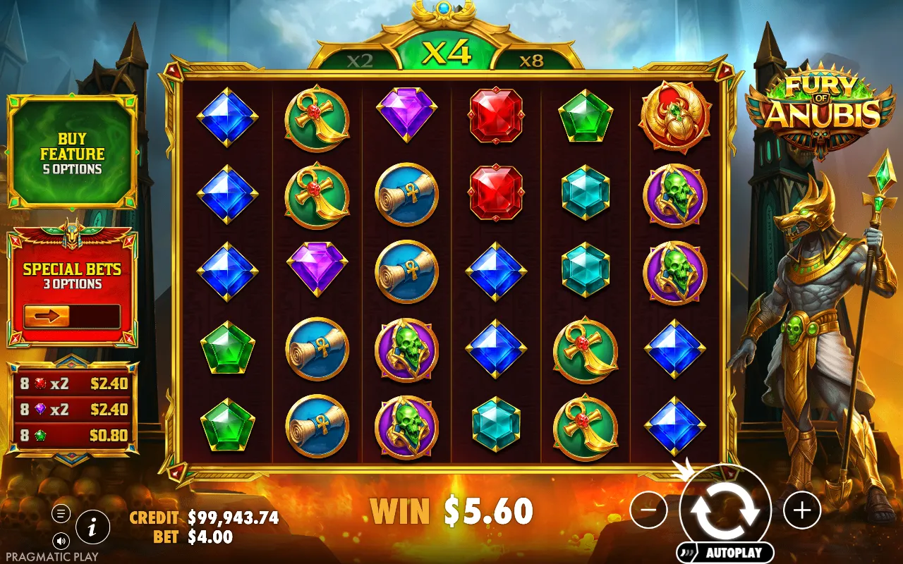 Jogo base do Fury of Anubis com o multiplicador da cascata em X4 e três grupos de oito joias pagando
