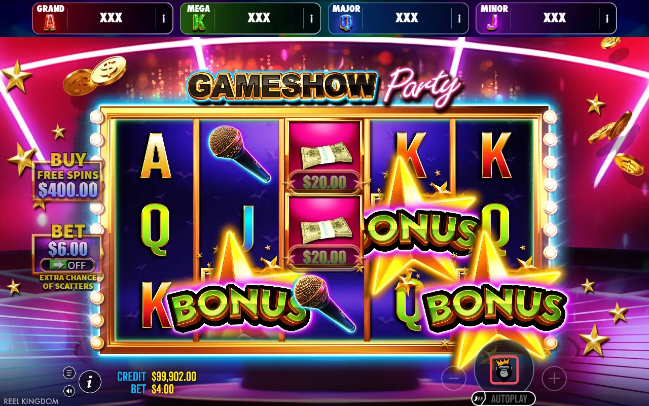 Três estrelas Bonus na grade do Gameshow Party Jackpot Play abrindo dez giros grátis