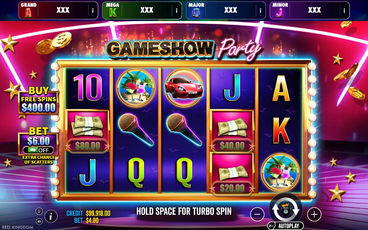 Jogo base do Gameshow Party Jackpot Play com três pacotes de dinheiro na grade, nenhum prêmio e os jackpots marcando XXX no topo