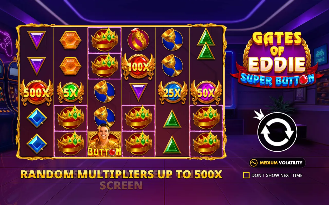 Orbes de multiplicador de 5X, 25X, 50X, 100X e 500X espalhados pela grade de Gates of Eddie