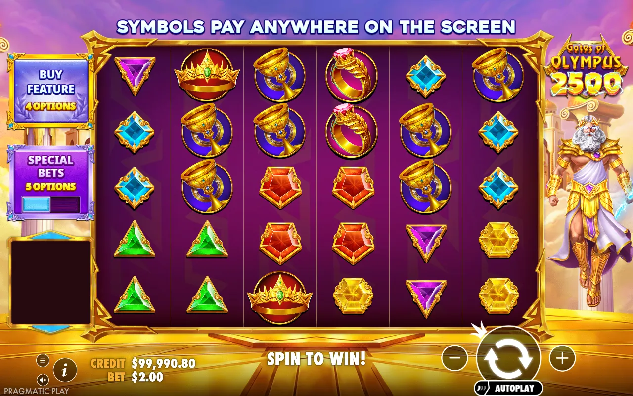 Grade cheia sem nenhuma combinação, com os menus Buy Feature e Special Bets à esquerda