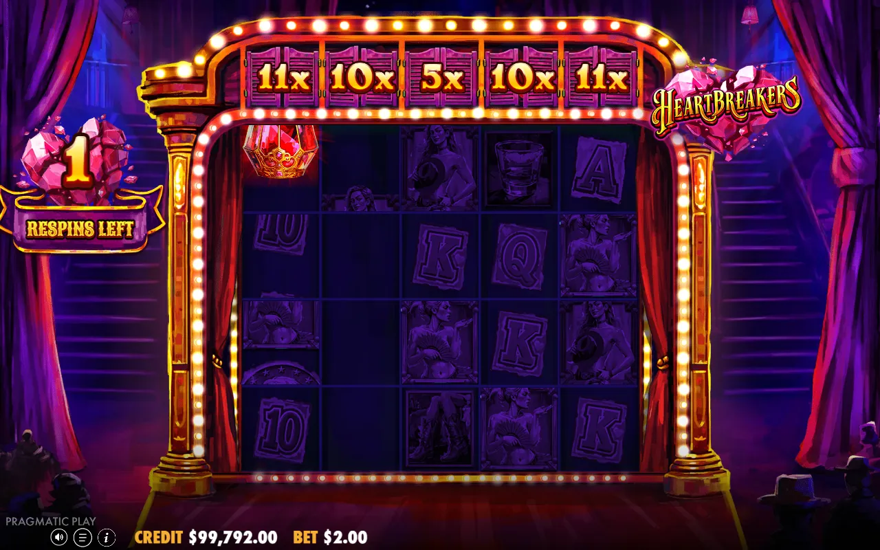 Último respin de Heartbreakers com os painéis em 11x, 10x, 5x, 10x e 11x e o saldo parado