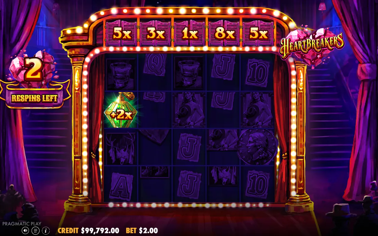 Garrafa verde de mais 2x na primeira coluna durante os respins, com as portas em 5x, 3x, 1x, 8x e 5x