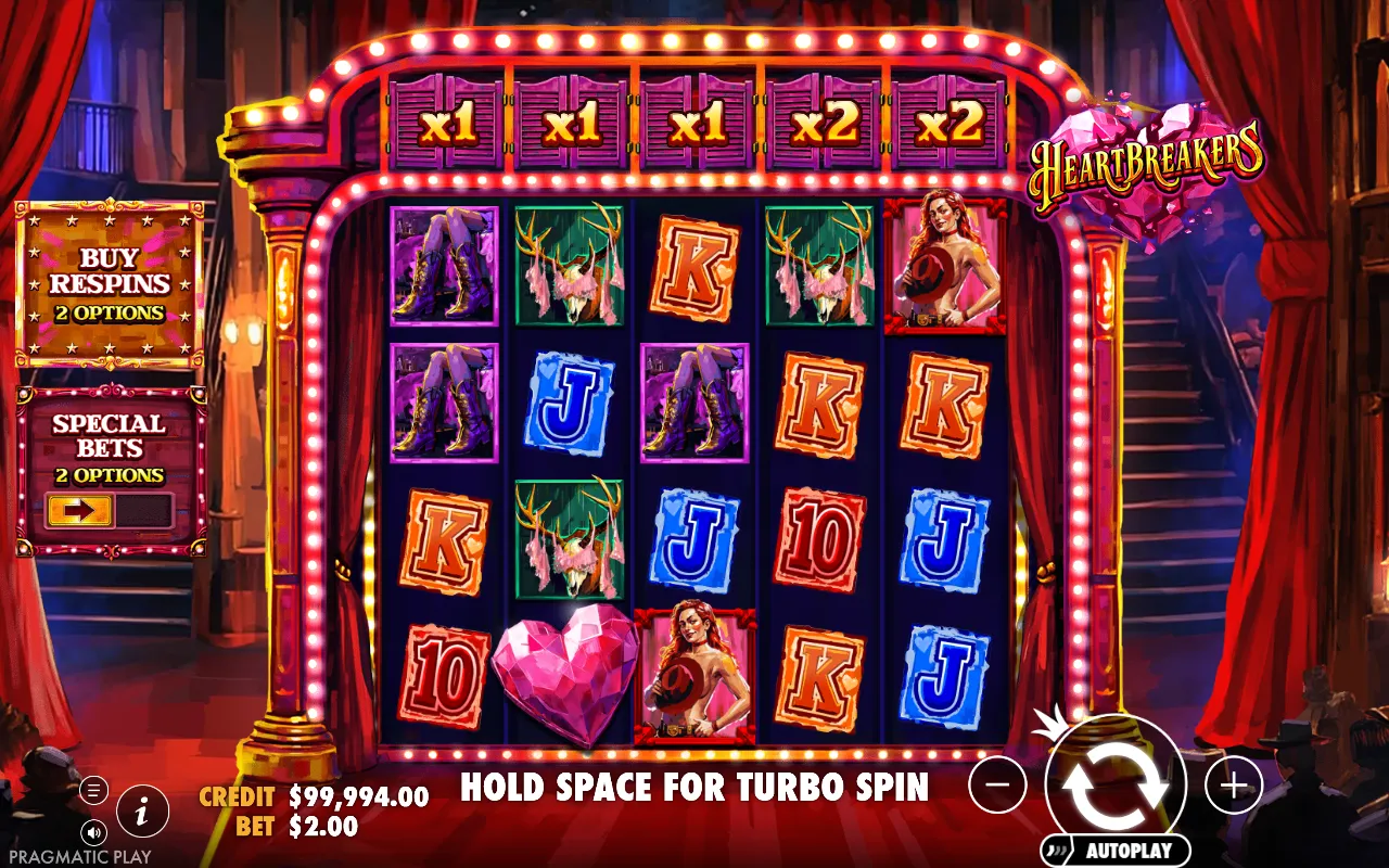Grade de Heartbreakers com as cinco portas de saloon marcando x1, x1, x1, x2 e x2 e nenhuma garrafa na tela