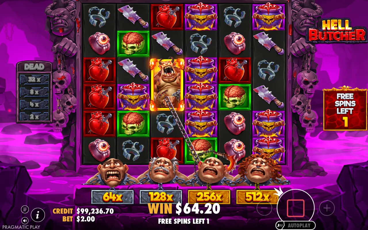 Giros grátis do Hell Butcher com o painel DEAD listando 32x, 8x, 4x e 2x e a fileira em 64x, 128x, 256x e 512x