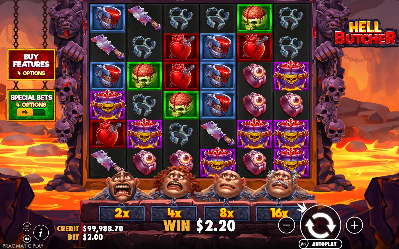 Jogo base do Hell Butcher com um pagamento pequeno e a fileira de cabeças parada em 2x, 4x, 8x e 16x