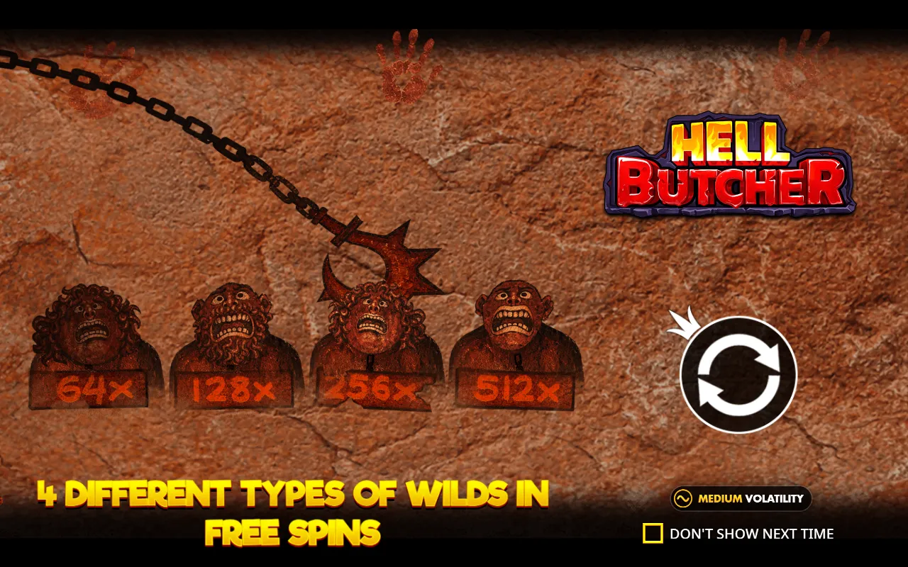 Tela de abertura do Hell Butcher com as quatro cabeças acorrentadas marcando 64x, 128x, 256x e 512x