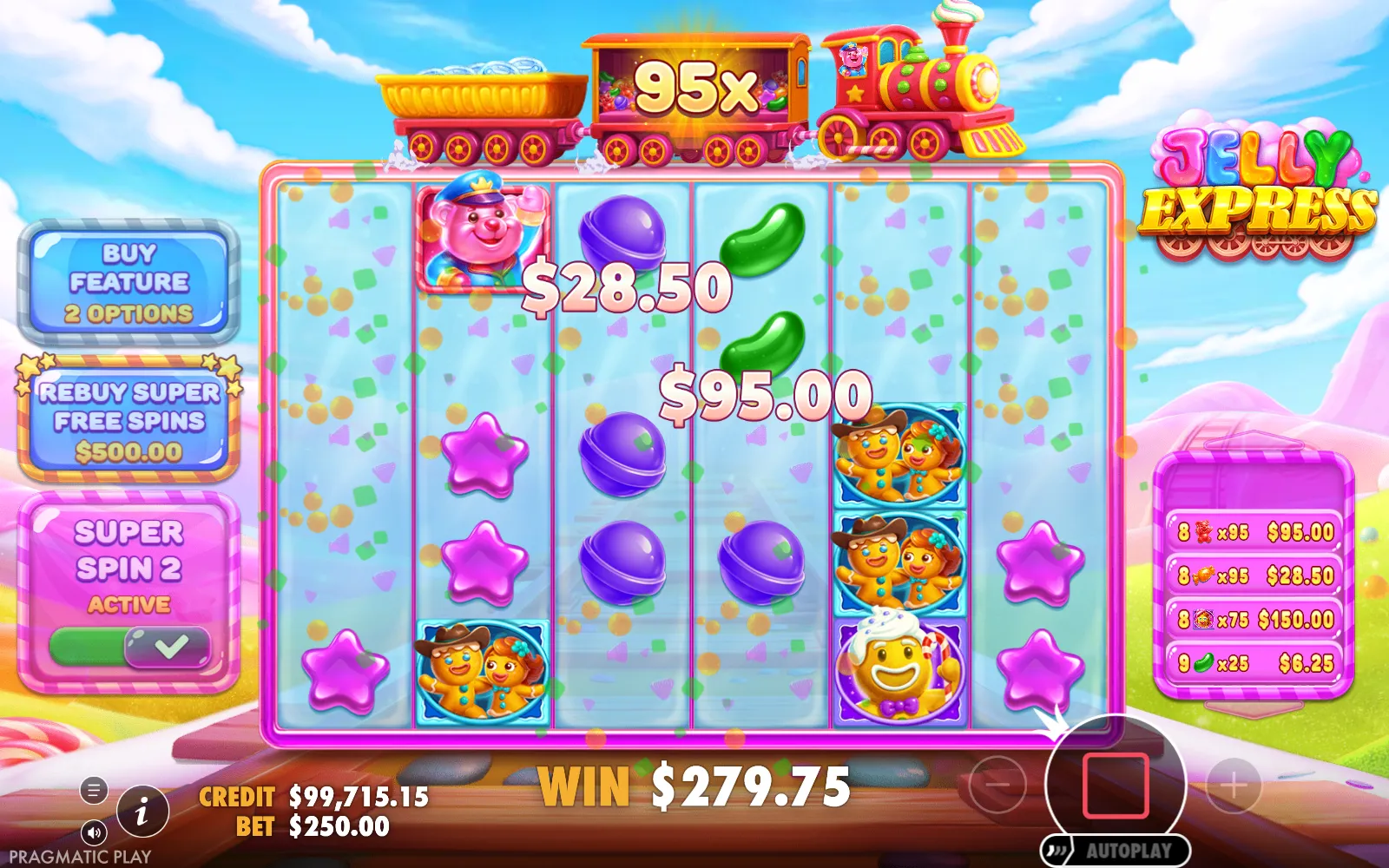 Jogo base do Jelly Express com o Super Spin 2 ativo e o vagão acumulando multiplicadores