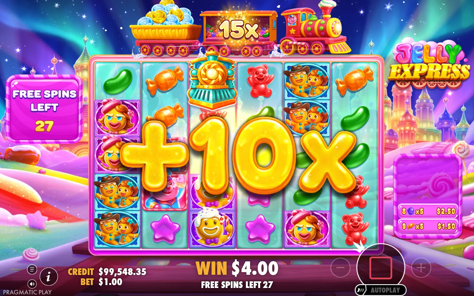 Super Free Spins do Jelly Express com um +10X somando ao total do vagão, que marca 15x