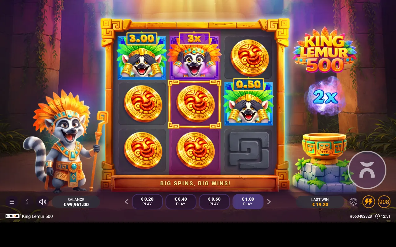 Bônus do King Lemur 500 com moedas travadas na grade, dois Cash Wilds e um Multiplier Wild de 3x