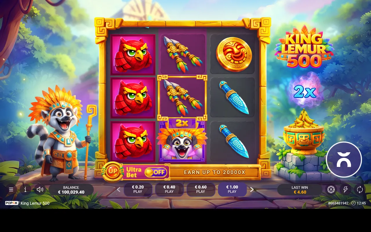 Multiplier Wild com x2 na segunda coluna do King Lemur 500 ao lado de três corujas vermelhas