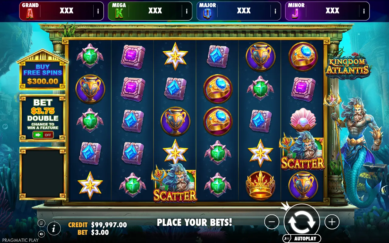 Jogo base do Kingdom of Atlantis com dois scatters de Poseidon na grade e os quatro jackpots marcando XXX no topo
