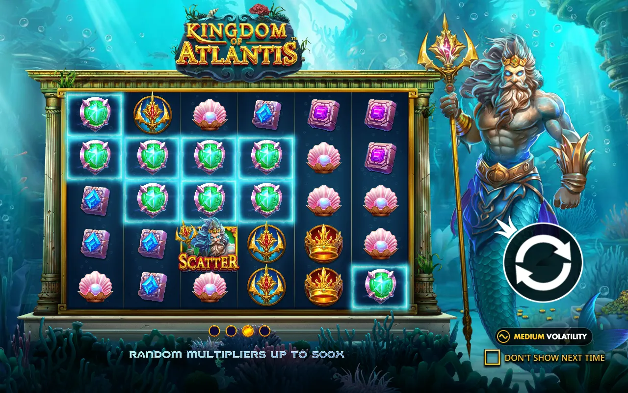 Tela de abertura do Kingdom of Atlantis com um grupo de joias verdes em destaque e o selo de volatilidade média