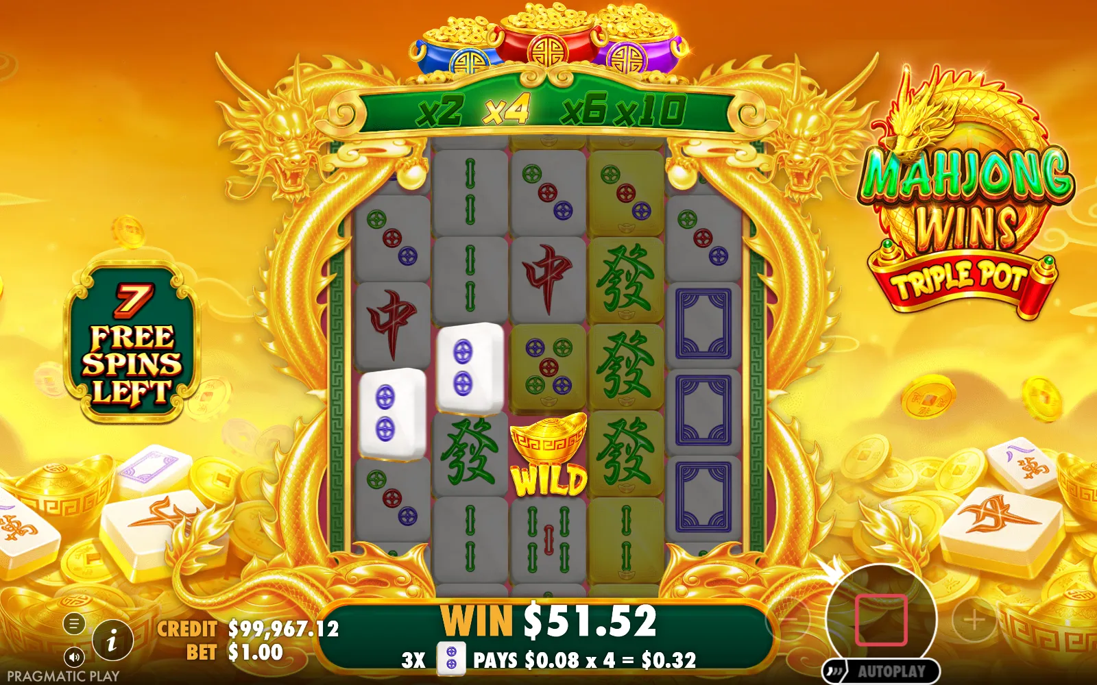 Giros grátis do Mahjong Wins Triple Pot com a trilha x2 x4 x6 x10 e um pagamento pequeno multiplicado por 4