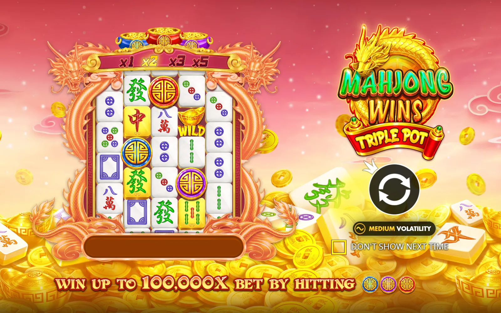 Tela de abertura do Mahjong Wins Triple Pot com os três potes coloridos e o aviso de ganhos de até 100.000x com as moedas