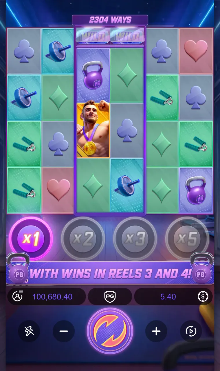 Grade do Mighty Mania sem nenhuma combinação, com o multiplicador parado em x1 e a faixa sobre vitórias nos rolos 3 e 4