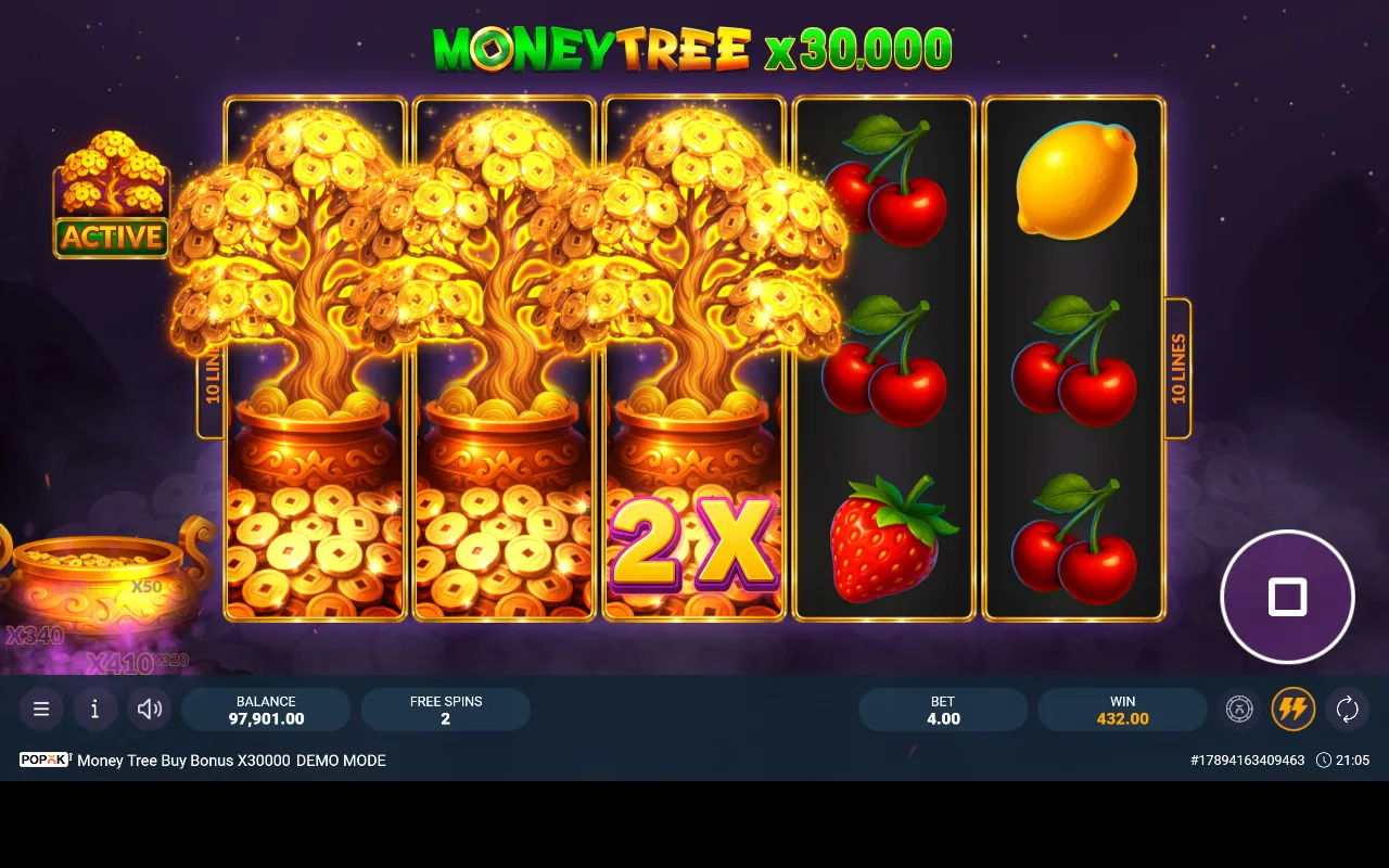 Três árvores expandidas nas três primeiras colunas do Money Tree Buy Bonus x30000, uma delas com 2X, durante a compra de 500x