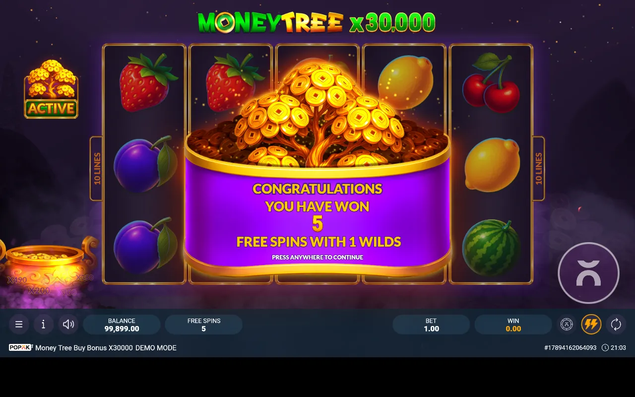 Tela do Money Tree Buy Bonus x30000 anunciando cinco giros grátis com um wild após a compra mais barata