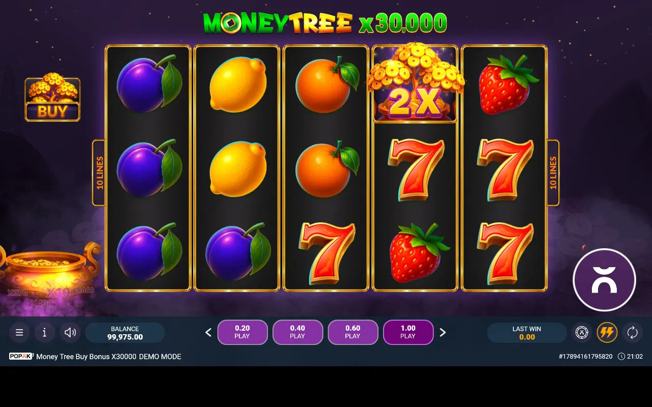 Árvore de dinheiro com multiplicador 2X parada na quarta coluna do Money Tree Buy Bonus x30000 sem se expandir
